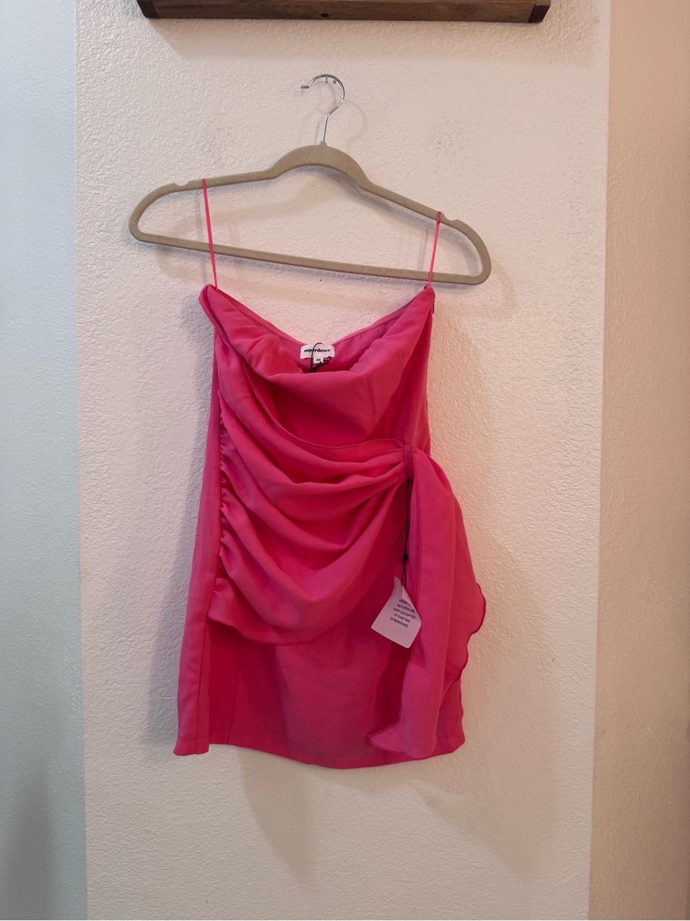 superdown Hot Pink Strapless Ruched Mini Dress with Side Ruffle - Picture 5 of 16